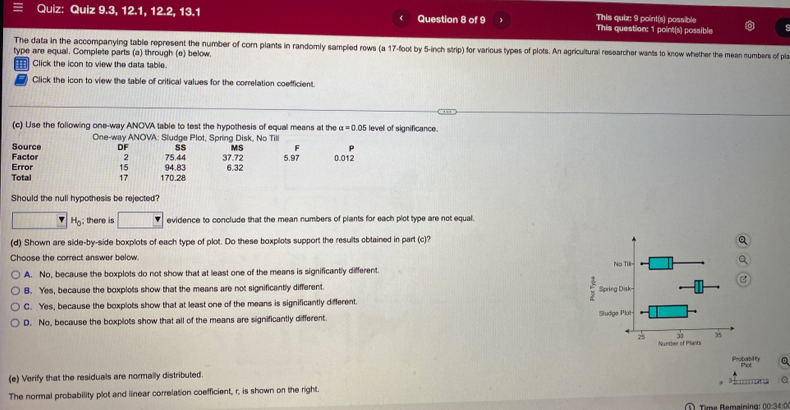 This quiz: 9 point(s) possible
Quiz: Quiz 9.3, 12.1, 12.2, 13.1 Question 8 of 9 This question: 1 point(s) possible
The data in the accompanying table represent the number of cor plants in randomly sampled rows (a 17-foot by 5-inch strip) for various types of plots. An agricuitural researcher wants to know whether the mean numbers of pla
type are equal. Complete parts (a) through (e) below
= Click the icon to view the data table.
Click the icon to view the table of critical values for the correlation coefficient.
(c) Use the following one-way ANOVA table to test the hypothesis of equal means at the a=0.05 level of significance.
One-way ANOVA: Sludge Plot, Spring Disk, No Till
ss MS
Source Factor DF 75.44 37.72 5.97 0.012
2
Error 15 94.83 6.32
Total 17 170.28
Should the null hypothesis be rejected?
Ho; there is evidence to conclude that the mean numbers of plants for each plot type are not equal.
(d) Shown are side-by-side boxplots of each type of plot. Do these boxplots support the results obtained in part (c)?
Q
Choose the correct answer below
A. No, because the boxplots do not show that at least one of the means is significantly different.
e
B. Yes, because the boxplots show that the means are not significantly different.
C. Yes, because the boxplots show that at least one of the means is significantly different.
D. No, because the boxplots show that all of the means are significantly different. 
Probability
Piot
(e) Verify that the residuals are normally distributed.
3— 
The normal probability plot and linear correlation coefficient, r, is shown on the right.
Time Remaining: (0:34.:0