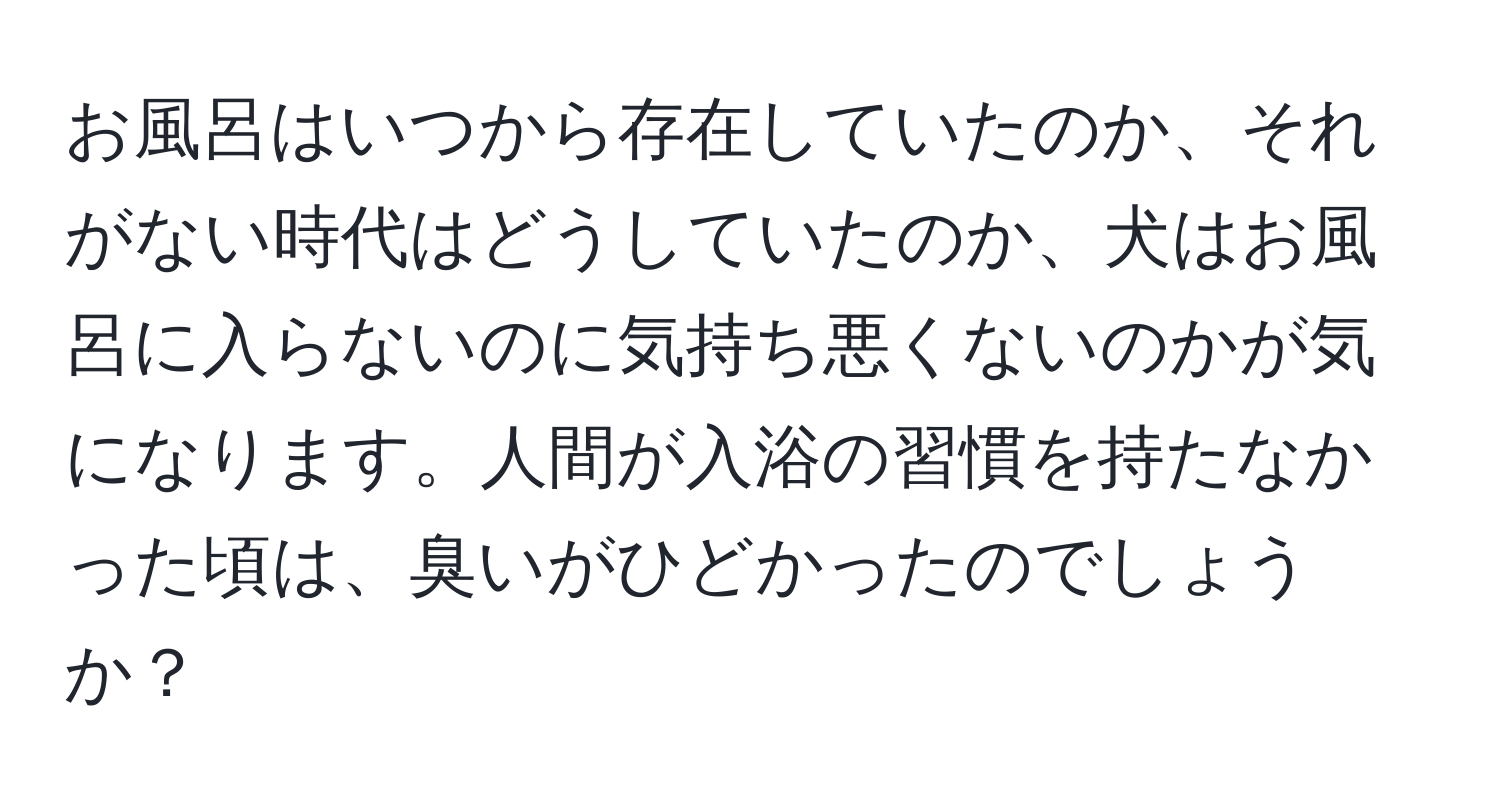 お風呂はいつから存在していたのか、それがない時代はどうしていたのか、犬はお風呂に入らないのに気持ち悪くないのかが気になります。人間が入浴の習慣を持たなかった頃は、臭いがひどかったのでしょうか？