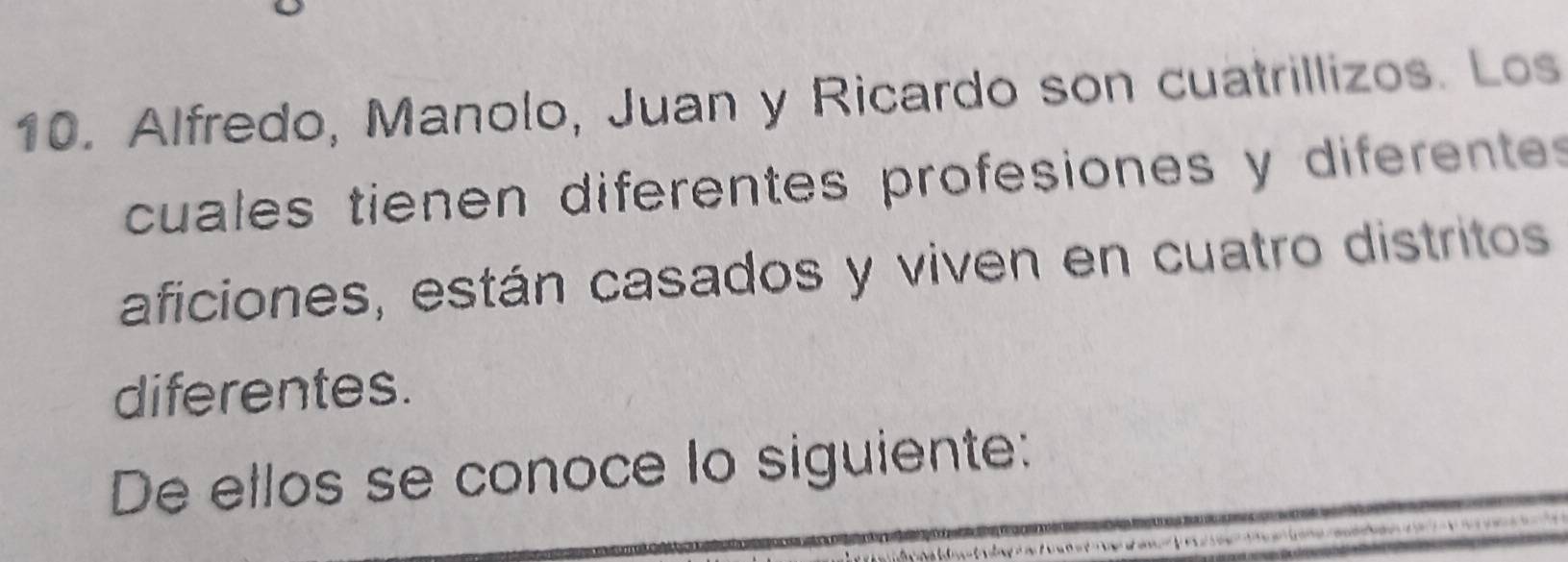 Alfredo, Manolo, Juan y Ricardo son cuatrillizos. Los 
cuales tienen diferentes profesiones y diferentes 
aficiones, están casados y viven en cuatro distritos 
diferentes. 
De ellos se conoce lo siguiente: