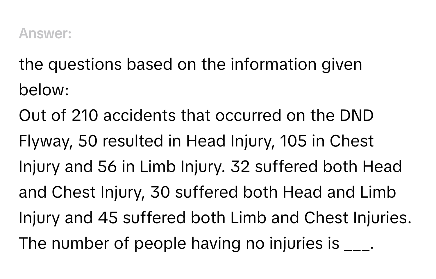 Answer the questions based on the information given below:
Out of 210 accidents that occurred on the DND Flyway, 50 resulted in Head Injury, 105 in Chest Injury and 56 in Limb Injury. 32 suffered both Head and Chest Injury, 30 suffered both Head and Limb Injury and 45 suffered both Limb and Chest Injuries. 
The number of people having no injuries is ___.