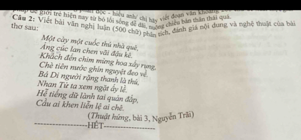 Pan đọc - hiệu anh/ chị hay việt đoạn văn khoang 
Hấp dể giới trẻ hiện nay từ bỏ lối sóng đễ dãi, nuộng chiều bản thân thái quá. 
Câu 2: Viết bài văn nghị luận (500 chữ) phân tích, đánh giá nội dung và nghệ thuật của bái 
thơ sau: 
Một cày một cuốc thú nhà quê, 
Áng cúc lan chen vãi đậu kê. 
Khách đến chim mừng hoa xấy rụng, 
Chè tiên nước ghín nguyệt đeo về. 
Bá Di người rặng thanh là thú, 
Nhan Tử ta xem ngặt ấy lề. 
Hể tiếng dữ lành tai quản đắp, 
Cầu ai khen liễn lệ ai chê. 
(Thuật hứng, bài 3, Nguyễn Trãi) 
ế t