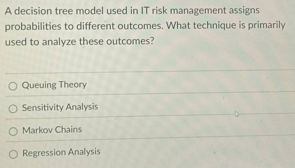 A decision tree model used in IT risk management assigns
probabilities to different outcomes. What technique is primarily
used to analyze these outcomes?
Queuing Theory
Sensitivity Analysis
Markov Chains
Regression Analysis