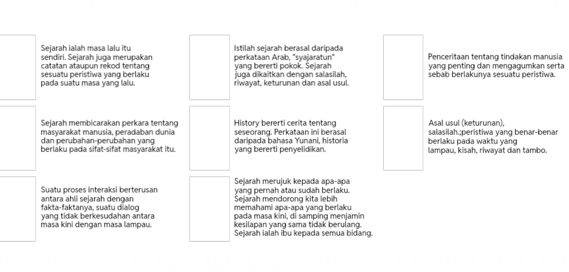 Sejarah ialah masa lalu itu Istilah sejarah berasal daripada 
sendiri. Sejarah juga merupakan perkataan Arab, “syajaratun” Penceritaan tentang tindakan manusia 
catatan ataupun rekod tentan yang bererti pokok. Sejarah yang penting dan mengagumkan serta 
sesuatu peristiwa yang berlaku juga dikaitkan dengan salasilah, sebab berlakunya sesuatu peristiwa. 
pada suatu masa yang lalu. riwayat, keturunan dan asal usul. 
Sejarah membicarakan perkara tentang History bererti cerita tentang Asal usul (keturunan), 
masyarakat manusia, peradaban dunia seseorang. Perkataan ini berasal salasilah.;peristiwa yang benar-benar 
dan perubahan-perubahan yang daripada bahasa Yunani, historia berlaku pada waktu yang 
berlaku pada sifat-sifat masyarakat itu. yang bererti penyelidikan. lampau, kisah, riwayat dan tambo. 
Sejarah merujuk kepada apa-apa 
Suatu proses interaksi berterusan yang pernah atau sudah berlaku. 
antara ahli sejarah dengan Sejarah mendorong kita lebih 
fakta-faktanya, suatu dialog memahami apa-apa yang berlaku 
yang tidak berkesudahan antara pada masa kini, di samping menjamin 
masa kini dengan masa lampau. kesilapan yang sama tidak berulang. 
Sejarah ialah ibu kepada semua bidang.