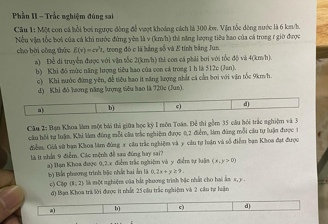 Phần II - Trắc nghiệm đúng sai
Câu 1: Một con cá hồi bơi ngược dòng để vượt khoảng cách là 300 km. Vận tốc dòng nước là 6 km/h.
Nếu vận tốc bơi của cá khi nước đứng yên là v (km/h) thì năng lượng tiêu hao của cá trong t giờ được
cho bởi công thức E(v)=cv^3t *, trong đó c là hằng số và E tính bằng Jun.
a) Để di truyển được với vận tốc 2(km/h) thì con cá phải bơi với tốc độ và 4(km/h).
b) Khi đó mức năng lượng tiêu hao của con cá trong 1 h là 512c (Jun).
c) Khi nước đứng yên, để tiêu hao ít năng lượng nhất cá cần bơi với vận tốc 9km/h.
d) Khi đó lương năng lượng tiêu hao là 720c (Jun).
Câu 2: Bạn Khoa làm một bài thi giữa học kỳ I môn Toán. Đề thi gồm 35 câu hỏi trắc nghiệm và 3
câu hỏi tự luận. Khi làm đúng mỗi câu trắc nghiệm được 0,2 điểm, làm đúng mỗi câu tự luận được 1
điểm. Giả sử bạn Khoa làm đúng x câu trắc nghiệm và y câu tự luận và số điểm bạn Khoa đạt được
là ít nhất 9 điểm. Các mệnh đề sau đúng hay sai?
a) Bạn Khoa được 0,2.x điểm trắc nghiệm và y điểm tự luận (x,y>0)
b) Bất phương trình bậc nhất hai ẩn là 0,2x+y≥ 9.
c) Cặp (8;2) là một nghiệm của bất phương trình bậc nhất cho hai ẩn x, y .
d) Bạn Khoa trả lời được ít nhất 25 câu trắc nghiệm và 2 câu tự luận
d)
a)
b)
c)