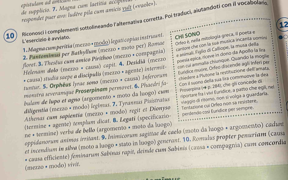 epistulam ad amicam
de supplicio. 7. Magna cum laetitia accipi
respondet puer avo: luděre pila cum amicis yult («vuole»).
10) Riconosci i complementi sottolineando l’alternativa corretta. Poi traduci, aiutandoti con il vocabolario
12
Orfeo è, nella mitologia greca, il poeta e
L'esercizio è avviato.
1. Magna cum peritia (mezzo • modo) legati copias instruunt.
2. Pantomīmus per Bathyllum (mezzo • moto per) Romae CHI SONO
floret. 3. Thesěus cum amico Pirithoo (mezzo • compagnia) cantore che con la sua musica incanta uomini
Helenam dolo (mezzo • causa) capit. 4. Desidiã (mezzo e animali. Figlio di Calliope, la musa della
con cui ammalia chiunque. Quando la moglie
causa) studia saepe a discipulis (mezzo • agente) intermit- poesia epica, riceve in dono da Apollo la lira
tuntur. 5. Orphěus lyrae sono (mezzo • causa) Inferorum Euridice muore, Orfeo discende agli Inferi per
Con il suono della sua lira commuove la dea
monstra severamque Proserpinam permovet. 6. Phaedri fa- chiedere a Plutone la restituzione dell’amata.
bulam de lupo et agno (argomento • moto da luogo) cum Proserpina (→ p. 284), che gli concede di
diligentia (mezzo • modo) legĭmus. 7. Tyrannus Pisistratus riportare fra i vivi Euridice, a patto che egli, nel
Tentazione cui Orfeo non sa resistere,
Athenas cum sapientia (mezzo • modo) regit et Dionyso viaggio di ritorno, non si volga a guardarla.
(termine • agente) templum dicat. 8. Legati (specificazio- perdendo così Euridice per sempre.
ne • termine) verba de bello (argomento • moto da luogo)
oppidanorum animos irritant. 9. Inimicorum sagittae de caelo (moto da luogo • argomento) cadunt
et incendium in silva (moto a luogo • stato in luogo) generant. 10. Romulus propter penuriam (causa
causa efficiente) feminarum Sabinas rapit, deinde cum Sabinis (causa • compagnia) cum concordia
(mezzo • modo) vivit.