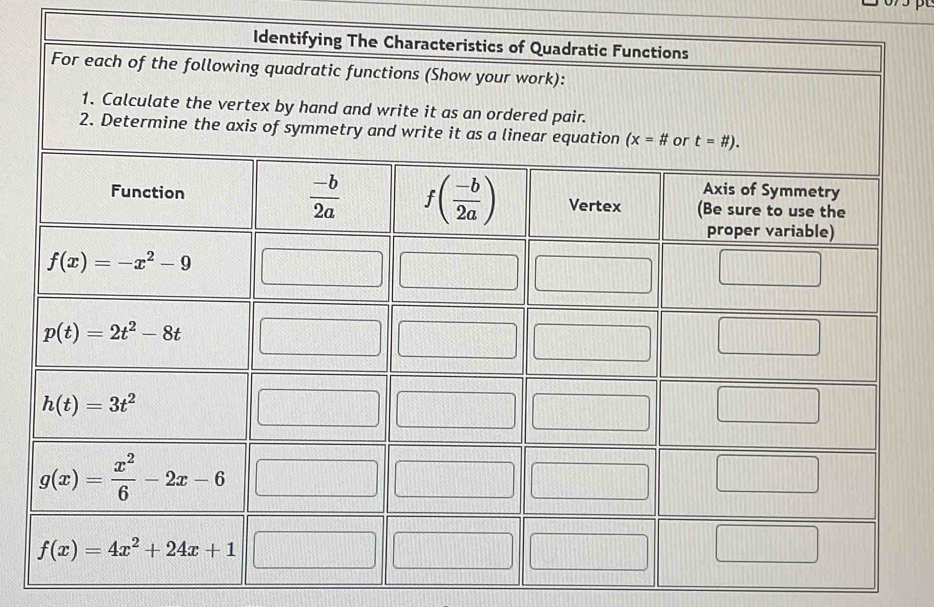 Identifying The Characteristics of Quadratic Functions
For each o