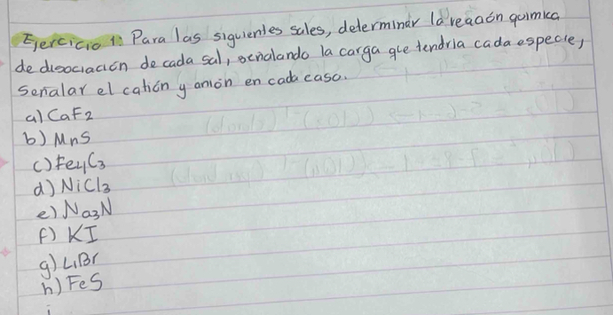 Eercicio 1 Para las siguienles sales, determinar la reaaon gaimka 
dedisocracien decadasal, senalando la carga gle tendria cada especie, 
Senalar el cation y anion en cada easo. 
al CaF_2
b) MnS
() Fe_4C_3
d NiCl_3
e) Na_3N
() KI
g) L_1Br
h FeS