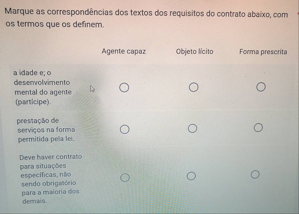 Marque as correspondências dos textos dos requisitos do contrato abaixo, com
os termos que os definem.
Agente capaz Objeto lícito Forma prescrita
a idade e; o
desenvolvimento
mental do agente
(partícipe).
prestação de
serviços na forma
permitida pela lei.
Deve haver contrato
para situações
específicas, não
sendo obrigatório
para a maioria dos
demais.