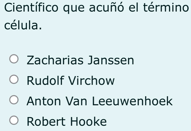 Científico que acuñó el término
célula.
Zacharias Janssen
Rudolf Virchow
Anton Van Leeuwenhoek
Robert Hooke