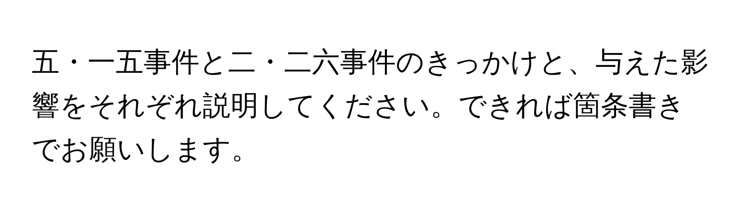 五・一五事件と二・二六事件のきっかけと、与えた影響をそれぞれ説明してください。できれば箇条書きでお願いします。