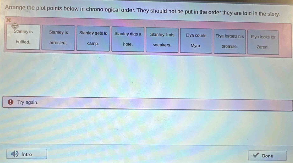 Arrange the plot points below in chronological order. They should not be put in the order they are told in the story. 
Stanley is Stanley is Stanley gets to Stanley digs a Stanley finds Elya courts Elya forgets his Elya looks for 
bullied. arrested. camp. hole. sneakers. Myra. promise. Zeroni 
Try again. 
Intro Done