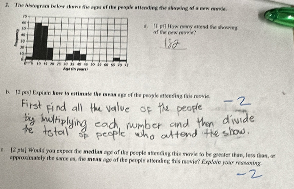 The histogram below shows the ages of the people attending the showing of a new movie. 
a. [1 pt] How many attend the showing 
of the new movie? 
_ 
b. [2 pts] Explain how to estimate the mean age of the people attending this movie. 
e. [2 pts] Would you expect the median age of the people attending this movie to be greater than, less than, or 
approximately the same as, the mean age of the people attending this movie? Explain your reasoning.