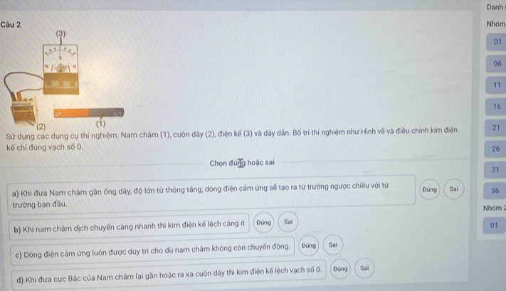 Danh 
Câu 2 Nhóm
01
06
11
16 
Sử dụng các dụng cụ thí nghiệm: Nam châm (1), cuộn dây (2), điện kế (3) và dây dẫn. Bố trí thí nghiệm như Hình vẽ và điều chỉnh kim điện 21
kế chỉ đúng vạch số 0. 
26 
Chọn đú g hoặc sai 
31 
a) Khi đưa Nam châm gần ống dây, độ lớn từ thông tăng, dòng điện cảm ứng sẽ tạo ra từ trường ngược chiều với từ 
trường ban đầu. Đúng Sai 36
Nhóm 2 
b) Khi nam châm dịch chuyến càng nhanh thì kim điện kế lệch càng ít Đúng Sai 
01 
c) Dòng điện cảm ứng luôn được duy trì cho dù nam châm không còn chuyến động. Đúng Sai 
d) Khi đưa cực Bắc của Nam châm lại gần hoặc ra xa cuộn dây thì kim điện kế lệch vạch số 0. Đúng Sai