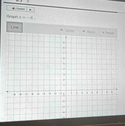 ◀》 Listen 
Graph x=-6. 
Line Undo 
.