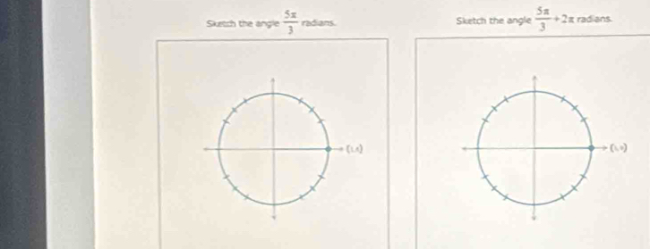 Sketch the angle  5π /3  radians. Sketch the angle  5π /3 +2π radians.