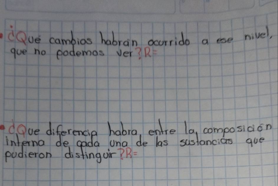 Oue cambios habrain occorrido a ese nivel, 
gue no podemos ver? R=
IdOve diferencie habra, entre la, composicion 
interna de gada una de las sustancias que 
podieron disfingoir? R=