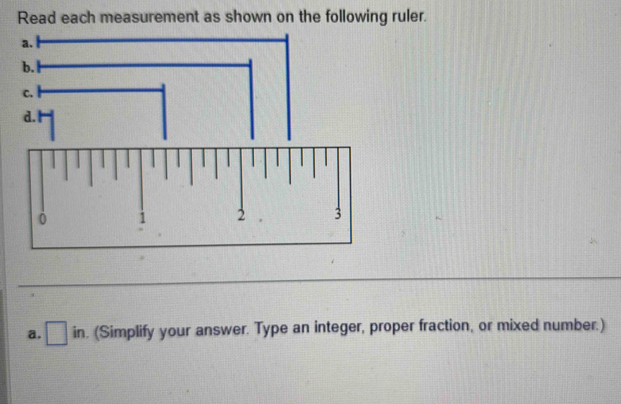 Read each measurement as shown on the following ruler. 
a. 
b. 
C. 
d. 
_ 
_ 
a. in. (Simplify your answer. Type an integer, proper fraction, or mixed number.)