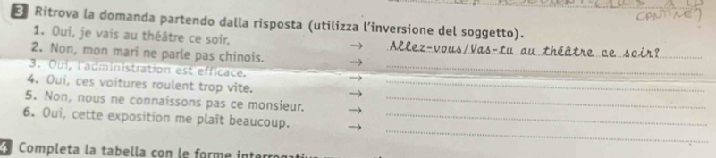 Ritrova la domanda partendo dalla risposta (utilizza l’inversione del soggetto). 
1. Oui, je vais au théâtre ce soir. 
A 
2. Non, mon mari ne parle pas chinois._ 
3. Oui, l'administration est efficace._ 
4. Oui, ces voitures roulent trop vite._ 
5. Non, nous ne connaissons pas ce monsieur._ 
_ 
6. Oui, cette exposition me plaît beaucoup._ 
A Completa la tabella con le forme interrog