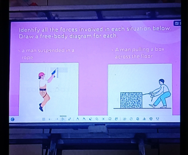 Identify all the forces involved in each situation below. 
Draw a free-body diagram for each. 
I man suspended in A man pulling a box 
rope across the floor 
.I Q