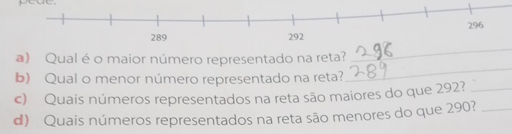 peue 
_ 
a) Qual éo maior número representado na reta? 
_ 
b) Qual o menor número representado na reta? 
c) Quais números representados na reta são maiores do que 292?_ 
d) Quais números representados na reta são menores do que 290?_