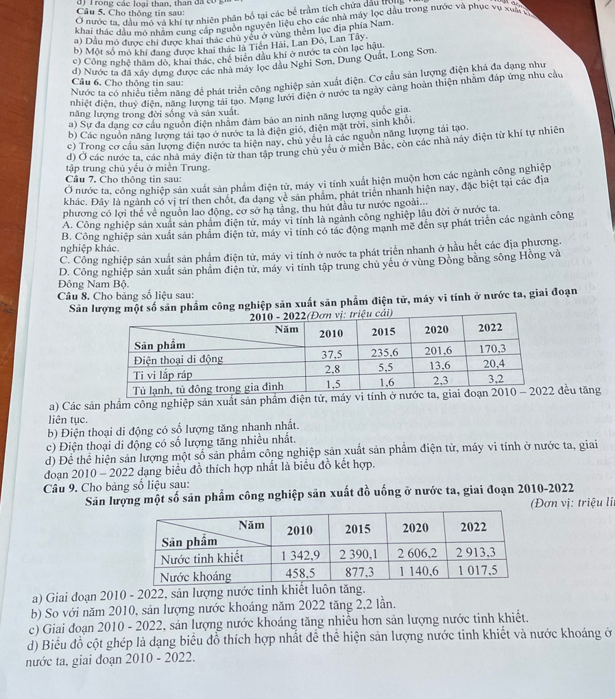 rong các loại than, than đã có
Câu 5. Cho thông tin sau:
Ở nước ta, đầu mỏ và khí tự nhiên phân bố tại các bể trầm tích chứa dâu trọn
khai thác đầu mỏ nhằm cung cấp nguồn nguyên liệu cho các nhà máy lọc dầu trong nước và phục vụ xuấ ta
a) Dầu mở được chi được khai thác chủ yểu ở vùng thềm lục địa phía Nam.
b) Một số mỏ khí đang được khai thác là Tiên Hải, Lan Đồ, Lan Tây.
c) Công nghệ thăm dò, khai thác, chế biển dầu khí ở nước ta còn lạc hậu
d) Nước ta đã xây dựng được các nhà máy lọc dầu Nghi Sơn, Dung Quất, Long Sơn.
Nước ta có nhiều tiềm năng để phát triển công nghiệp sản xuất điện. Cơ cấu sản lượng điện khá đa dạng như
Câu 6. Cho thông tin sau:
nhiệt điện, thuỷ điện, năng lượng tái tạo. Mạng lưới điện ở nước ta ngày càng hoàn thiện nhằm đáp ứng nhu cầu
năng lượng trong đời sống và sản xuất.
a) Sự đa dạng cơ cầu nguồn điện nhằm đảm bảo an ninh năng lượng quốc gia
b) Các nguồn năng lượng tái tạo ở nước ta là điện gió, điện mặt trời, sinh khối.
c) Trong cơ cầu sản lượng điện nước ta hiện nay, chủ yêu là các nguồn năng lượng tái tạo.
d) Ở các nước ta, các nhà máy điện từ than tập trung chủ yếu ở miền Bắc, còn các nhà náy điện từ khí tự nhiên
tập trung chủ yếu ở miền Trung.
Ở nước ta, công nghiệp sản xuất sản phẩm điện từ, máy vi tính xuất hiện muộn hơn các ngành công nghiệp
Câu 7. Cho thông tin sau:
khác. Đây là ngành có vị trí then chốt, đa dang về sản phẩm, phát triển nhanh hiện nay, đặc biệt tại các địa
phương có lợi thế về nguồn lao động, cơ sở hạ tầng, thu hút đầu tư nước ngoài...
A. Công nghiệp sản xuất sản phẩm điện tử, máy vi tính là ngành công nghiệp lâu đời ở nước ta.
B. Công nghiệp sản xuất sản phẩm điện tử, máy vi tính có tác động mạnh mẻ đến sự phát triển các ngành công
nghiệp khác.
C. Công nghiệp sản xuất sản phẩm điện tử, máy vi tính ở nước ta phát triển nhanh ở hầu hết các địa phương.
D. Công nghiệp sản xuất sản phẩm điện tử, máy vi tính tập trung chủ yêu ở vùng Đồng bằng sông Hồng và
Đông Nam Bộ.
Câu 8. Cho bảng số liệu sau:
Săn lượng một số sản phẩm công nghiệp săn xuất sản phẩm điện tử, máy vi tính ở nước ta, giai đoạn
a) Các sản phầm công nghiệp sản xuất sản phẩm điện tử, máy  đều tăng
liên tục.
b) Điện thoại di động có số lượng tăng nhanh nhất.
c) Điện thoại di động có số lượng tăng nhiều nhất.
d) Để thể hiện sản lượng một số sản phẩm công nghiệp sản xuất sản phẩm điện tử, máy vi tính ở nước ta, giai
đoạn 2010 - 2022 dạng biểu đồ thích hợp nhất là biểu đồ kết hợp.
Câu 9. Cho bảng số liệu sau:
Sản lượng một số sản phẩm công nghiệp sản xuất đồ uống ở nước ta, giai đoạn 2010-2022
(Đơn vị: triệu lí
a) Giai đoạn 2010 - 2022, sản lượng nước tinh khiết luôn tăng.
b) So với năm 2010, sản lượng nước khoáng năm 2022 tăng 2,2 lần.
c) Giai đoạn 2010 - 2022, sản lượng nước khoáng tăng nhiều hơn sản lượng nước tinh khiết.
d) Biểu đồ cột ghép là dạng biểu đồ thích hợp nhất để thể hiện sản lượng nước tinh khiết và nước khoáng ở
nước ta, giai đoạn 2010 - 2022.