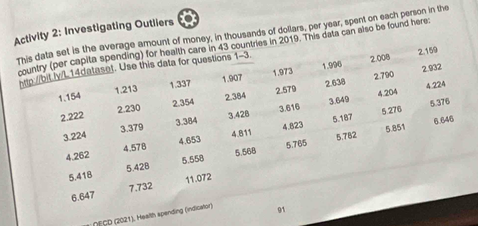 Activity 2: Investigating Outliers 
This data set is the average amount of money, in thousands of dollars, per year, spent on each person in the 
country (per capita spending) for health care in 43 countries in 2019. This data can also be found here: 
1. 996 2.008 2.159
http://bit ly/L 14dataset. Use this data for questions 1-3.
2.638 2,790 2.932
1. 154 1.213 1.337 1.907 1.973
3. 616 3. 649 4. 204 4.224
2. 222 2. 230 2.354 2.384 2.579
4. 823 5. 187 5. 276 5. 376
3. 224 3.379 3.384 3. 428
5. 851
5. 765 5,782 6. 646
4. 262 4. 578 4. 653 4. 811
5. 418 5. 428 5. 558 5. 568
6. 647 7.732 11.072
OECD (2021), Health spending (indicator) 
91