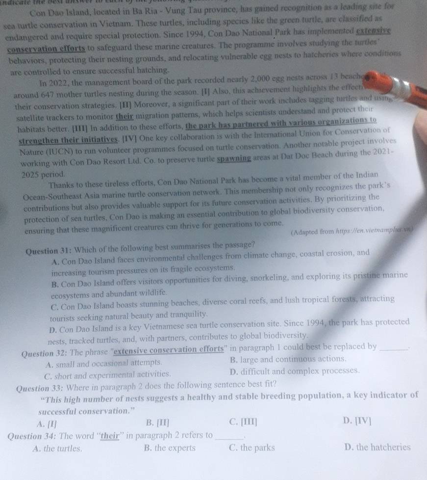 Rareate the dest unswer to em 
Con Dao Island, located in Ba Ria - Vung Tau province, has gained recognition as a leading site for
sea turtle conservation in Vietnam. These turtles, including species like the green turtle, are classified as
endangered and require special protection. Since 1994, Con Dao National Park has implemented extensive
conservation efforts to safeguard these marine creatures. The programme involves studying the turtles"
behaviors, protecting their nesting grounds, and relocating vulnerable egg nests to hatcheries where conditions
are controlled to ensure successful hatching.
In 2022, the management board of the park recorded nearly 2,000 egg nests across 13 beache
around 647 mother turtles nesting during the season. [I] Also, this achievement highlights the effeet
their conservation strategies. [II] Moreover, a significant part of their work includes tagging turtles and using
satellite trackers to monitor their migration patterns, which helps scientists understand and protect their
habitats better. [III] In addition to these efforts, the park has partnered with various organizations to
strengthen their initiatives. [IV] One key collaboration is with the International Union for Conservation of
Nature (IUCN) to run volunteer programmes focused on turtle conservation. Another notable project involves
working with Con Dao Resort Ltd. Co. to preserve turtle spawning areas at Dat Doc Beach during the 2021-
2025 period.
Thanks to these tireless efforts, Con Dao National Park has become a vital member of the Indian
Ocean-Southeast Asia marine turtle conservation network. This membership not only recognizes the park’s
contributions but also provides valuable support for its future conservation activities. By prioritizing the
protection of sea turtles, Con Dao is making an essential contribution to global biodiversity conservation,
ensuring that these magnificent creatures can thrive for generations to come.
(Adapted from https://en.vietnamplus.vn)
Question 31: Which of the following best summarises the passage?
A. Con Dao Island faces environmental challenges from climate change, coastal erosion, and
increasing tourism pressures on its fragile ecosystems.
B. Con Dao Island offers visitors opportunities for diving, snorkeling, and exploring its pristine marine
ecosystems and abundant wildlife.
C. Con Dao Island boasts stunning beaches, diverse coral reefs, and lush tropical forests, attracting
tourists seeking natural beauty and tranquility.
D. Con Dao Island is a key Vietnamese sea turtle conservation site. Since 1994, the park has protected
nests, tracked turtles, and, with partners, contributes to global biodiversity.
Question 32: The phrase "extensive conservation efforts" in paragraph 1 could best be replaced by _.
A. small and occasional attempts. B. large and continuous actions.
C. short and experimental activities. D. difficult and complex processes.
Question 33: Where in paragraph 2 does the following sentence best fit?
“This high number of nests suggests a healthy and stable breeding population, a key indicator of
successful conservation.”
A. [I] B. [II] C. [III] D. [IV]
Question 34: The word “their” in paragraph 2 refers to_ .
A. the turtles. B. the experts C. the parks D. the hatcheries