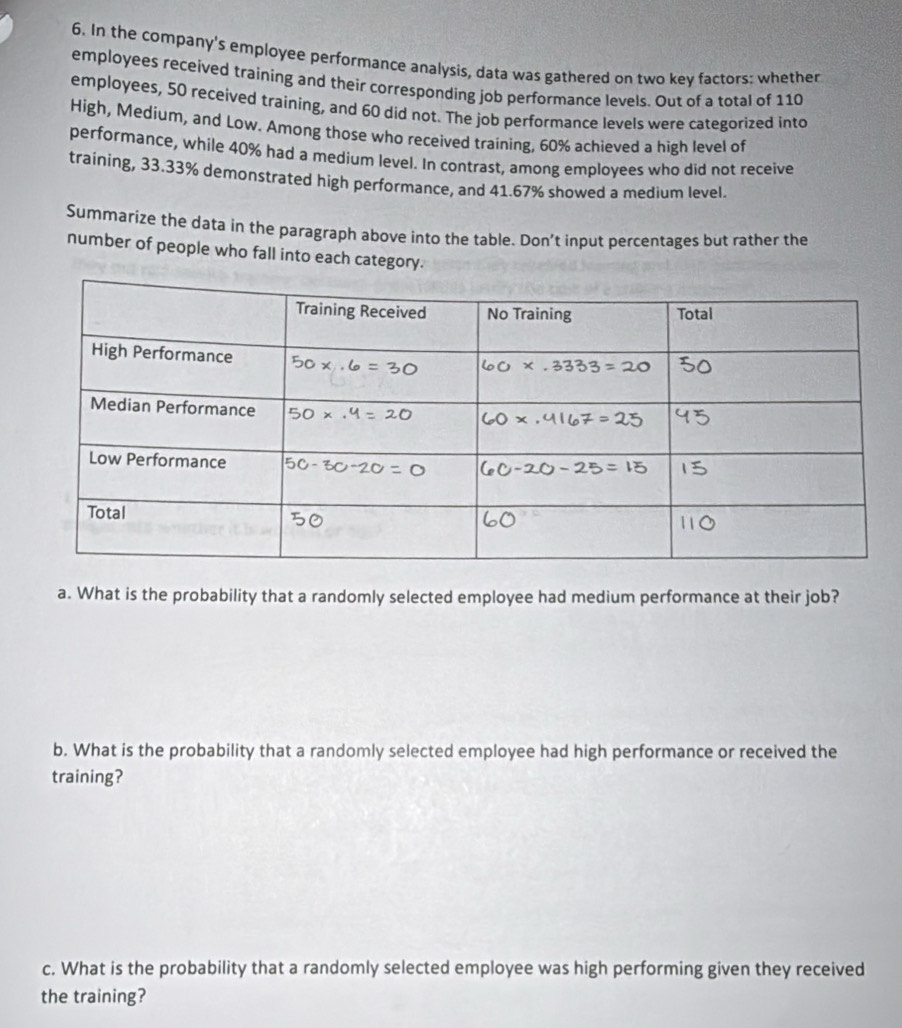 In the company's employee performance analysis, data was gathered on two key factors: whether 
employees received training and their corresponding job performance levels. Out of a total of 110
employees, 50 received training, and 60 did not. The job performance levels were categorized into 
High, Medium, and Low. Among those who received training, 60% achieved a high level of 
performance, while 40% had a medium level. In contrast, among employees who did not receive 
training, 33.33% demonstrated high performance, and 41.67% showed a medium level. 
Summarize the data in the paragraph above into the table. Don’t input percentages but rather the 
number of people who fall into each category. 
a. What is the probability that a randomly selected employee had medium performance at their job? 
b. What is the probability that a randomly selected employee had high performance or received the 
training? 
c. What is the probability that a randomly selected employee was high performing given they received 
the training?