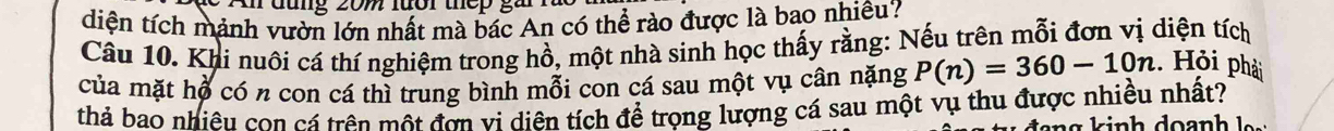 diện tích mảnh vườn lớn nhất mà bác An có thể rào được là bao nhiêu? 
Câu 10. Khi nuôi cá thí nghiệm trong hồ, một nhà sinh học thấy rằng: Nếu trên mỗi đơn vị diện tích 
của mặt hộ có n con cá thì trung bình mỗi con cá sau một vụ cân nặng P(n)=360-10n. Hỏi phải 
thả bao nhiều con cá trên một đơn vi diên tích để trọng lượng cá sau một vụ thu được nhiều nhất?