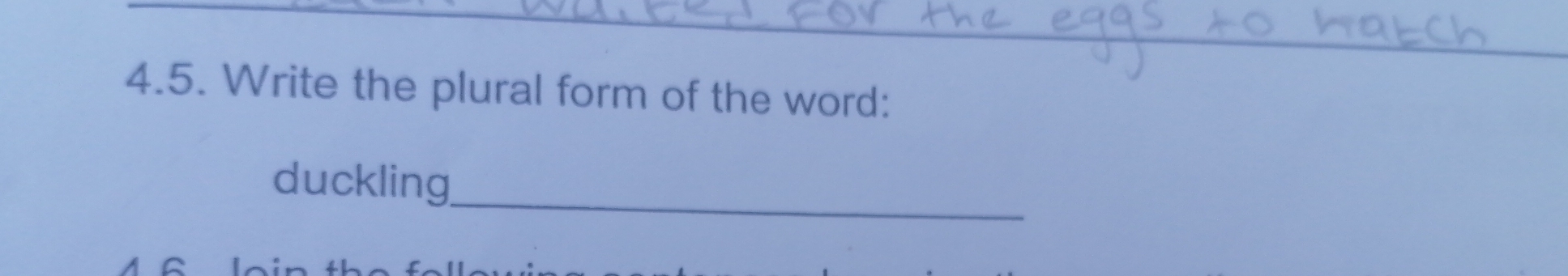 Write the plural form of the word:
_
duckling