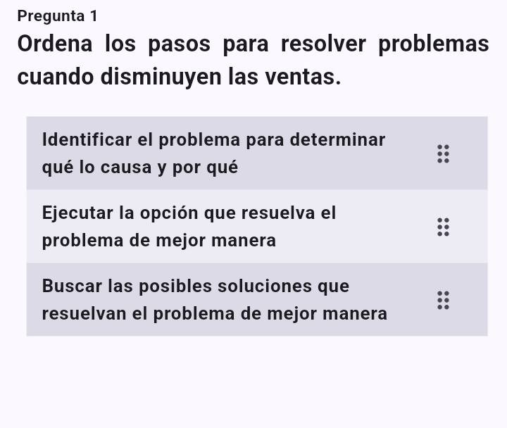 Pregunta 1 
Ordena los pasos para resolver problemas 
cuando disminuyen las ventas.