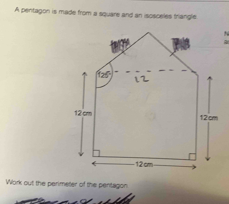 A pentagon is made from a square and an isosceles triangle. 
Work out the perimeter of the pentagon.