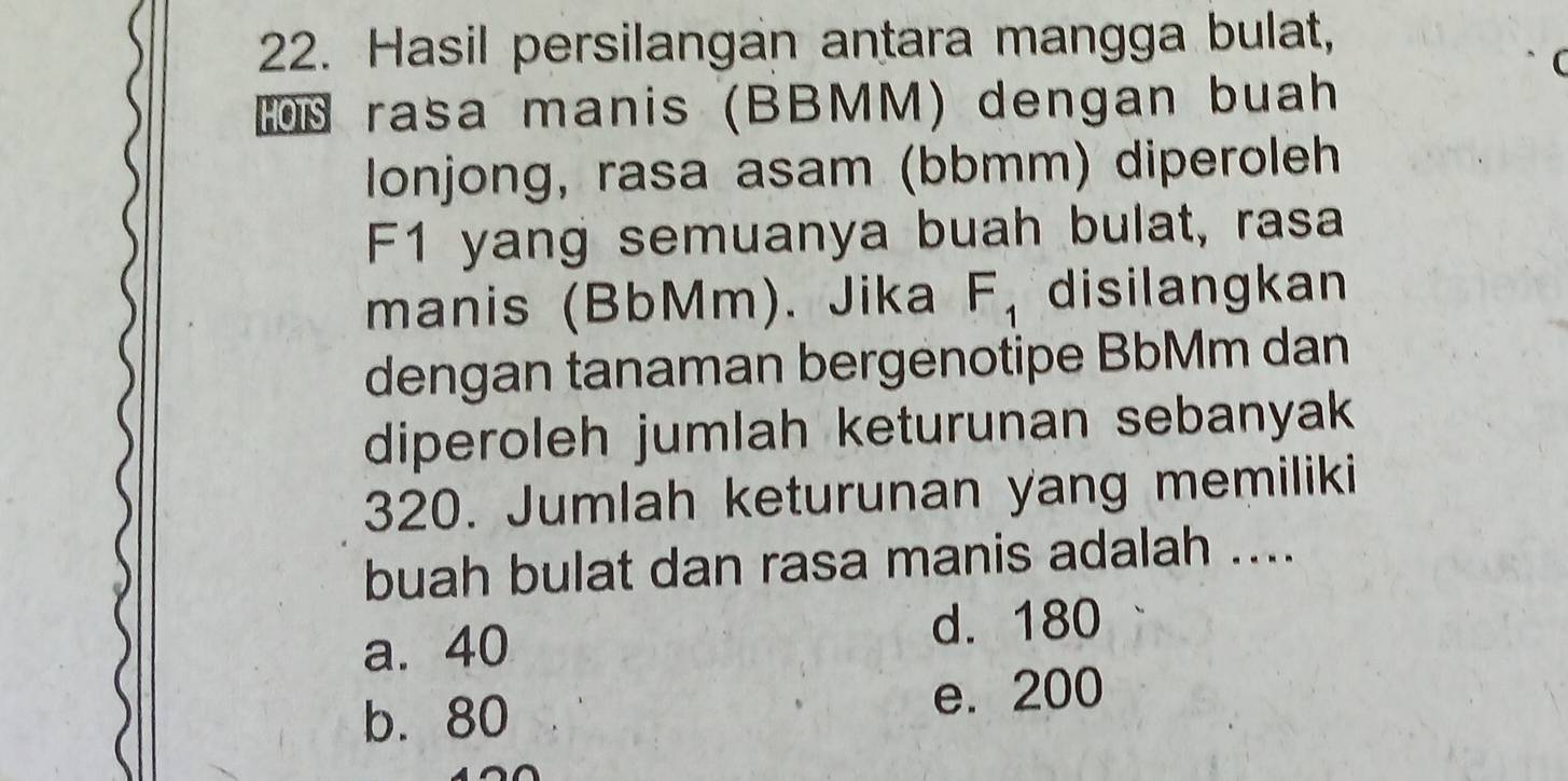 Hasil persilangan antara mangga bulat,
rasa manis (BBMM) dengan buah
lonjong, rasa asam (bbmm) diperoleh
F1 yang semuanya buah bulat, rasa
manis (BbMm). Jika F_1 disilangkan
dengan tanaman bergenotipe BbMm dan
diperoleh jumlah keturunan sebanyak
320. Jumlah keturunan yang memiliki
buah bulat dan rasa manis adalah ....
a. 40 d. 180
b. 80 e. 200