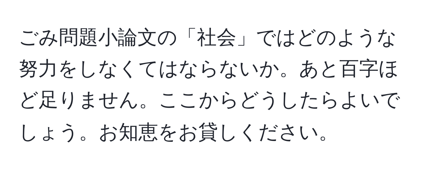 ごみ問題小論文の「社会」ではどのような努力をしなくてはならないか。あと百字ほど足りません。ここからどうしたらよいでしょう。お知恵をお貸しください。