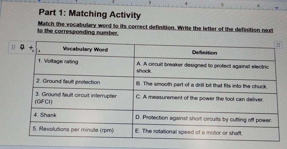 2
3
4
5
6
Part 1: Matching Activity
Match the vocabulary word to its correct definition. Write the letter of the definition next
to the corresponding number.