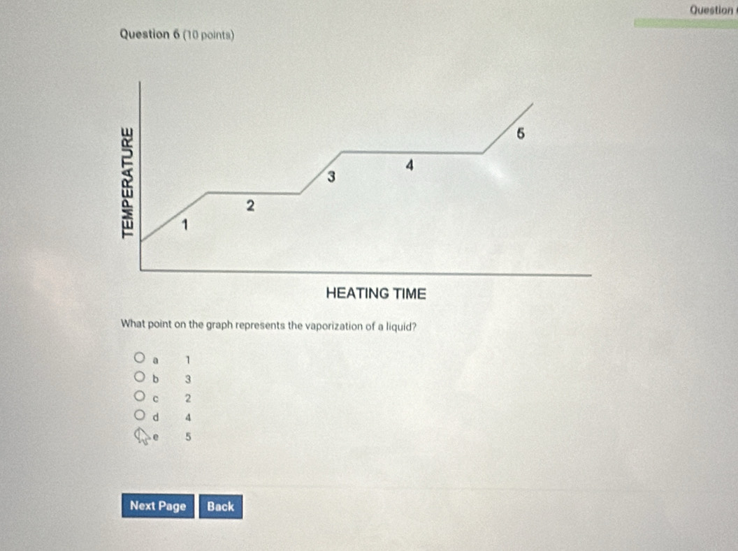 Question
Question 6 (10 points)
What point on the graph represents the vaporization of a liquid?
a 1
b 3
c 2
d 4 . 5
Next Page Back