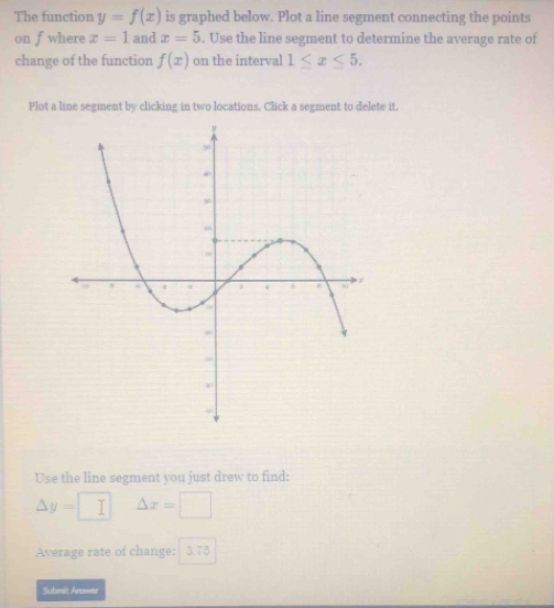 The function y=f(x) is graphed below. Plot a line segment connecting the points 
on fwhere x=1 and x=5. Use the line segment to determine the average rate of 
change of the function f(x) on the interval 1≤ x≤ 5. 
Plot a line segment by clicking in two locations. Click a segment to delete it. 
Use the line segment you just drew to find:
△ y= I △ x=□
Average rate of change: 3.75
Submit Answer