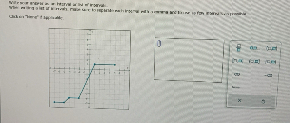 Write your answer as an interval or list of intervals.
When writing a list of intervals, make sure to separate each interval with a comma and to use as few intervals as possible.
Click on "None" if applicable.
□□
(□,□)
(□ □,□
∞ -∞
None
×