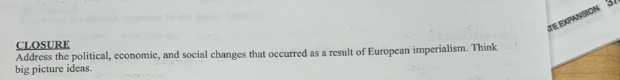 TE EXPANSION 3 
CLOSURE 
Address the political, economic, and social changes that occurred as a result of European imperialism. Think 
big picture ideas.
