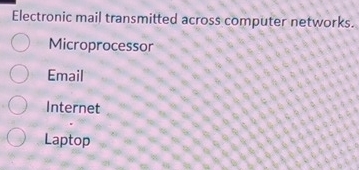 Electronic mail transmitted across computer networks.
Microprocessor
Email
Internet
Laptop