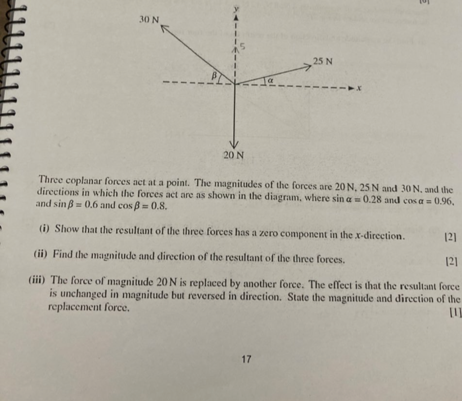 Three coplanar forces act at a point. The magnitudes of the forces are 20 N, 25 N and 30 N. and the 
directions in which the forces act are as shown in the diagram, where sin alpha =0.28
and sin beta =0.6 and cos beta =0.8. and cos alpha =0.96, 
(i) Show that the resultant of the three forces has a zero component in the x -direction. [2] 
(ii) Find the magnitude and direction of the resultant of the three forces. [2] 
(iii) The force of magnitude 20 N is replaced by another force. The effect is that the resultant force 
is unchanged in magnitude but reversed in direction. State the magnitude and direction of the 
replacement force. 
[1] 
17