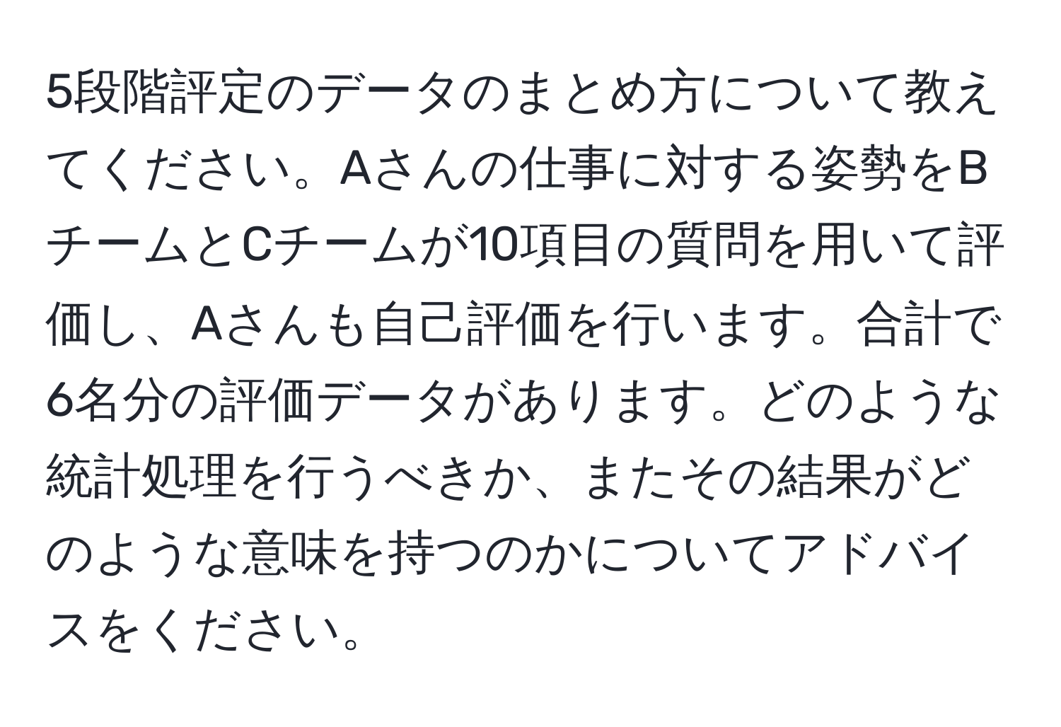 5段階評定のデータのまとめ方について教えてください。Aさんの仕事に対する姿勢をBチームとCチームが10項目の質問を用いて評価し、Aさんも自己評価を行います。合計で6名分の評価データがあります。どのような統計処理を行うべきか、またその結果がどのような意味を持つのかについてアドバイスをください。