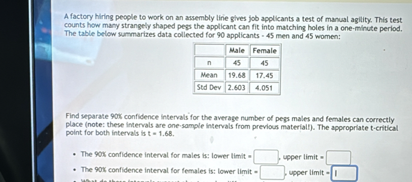 A factory hiring people to work on an assembly line gives job applicants a test of manual agility. This test
counts how many strangely shaped pegs the applicant can fit into matching holes in a one-minute period.
The table below summarizes data collected for 90 applicants - 45 men and 45 women:
Find separate 90% confidence intervals for the average number of pegs males and females can correctly
place (note: these intervals are one-sample intervals from previous material!). The appropriate t -critical
point for both intervals is t=1.68. 
The 90% confidence interval for males is: lower limit it=□ , upper limit =□
The 90% confidence interval for females is: lower limit =□ , upper limit =□