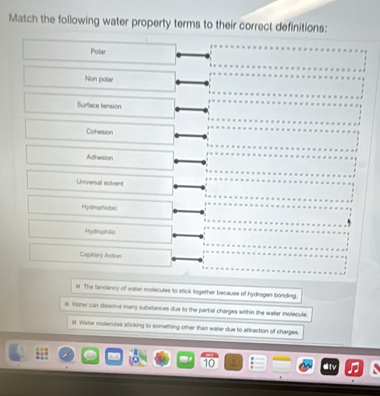 Match the following water property terms to their correct definitions:
Polar
Non polar
Surface tension
Cohesion
Adhesion
Universal solvent
Hydrophobic
Hydrophilis
Capiliary Astion
t1 The tendency of water molecules to stick together because of hydrogen bonding.
11 Water can dissolve many substances due to the partial charges within the water molecule.
s Water molecules sticking to something other than water due to attraction of charges.
10