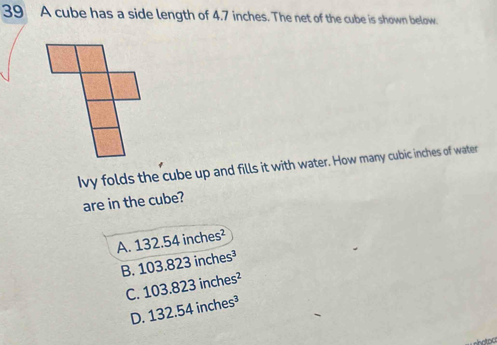 Solved: A cube has a side length of 4.7 inches. The net of the cube is ...