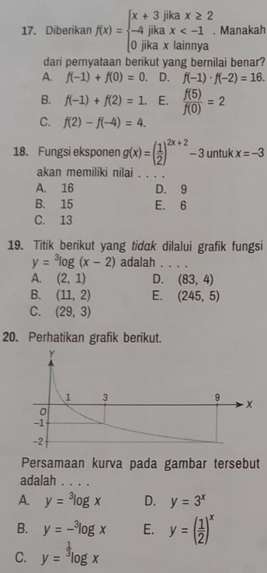 Diberikan f(x)=beginarrayl x+3jikax≥ 2 -4jkax . Manakah
dari pernyataan berikut yang bernilai benar?
A. f(-1)+f(0)=0. D. f(-1)· f(-2)=16.
B. f(-1)+f(2)=1. E.  f(5)/f(0) =2
C. f(2)-f(-4)=4. 
18. Fungsi eksponen g(x)=( 1/2 )^2x+2-3 untuk x=-3
akan memiliki nilai_
A. 16 D. 9
B. 15 E. 6
C. 13
19. Titik berikut yang tidak dilalui grafik fungsi
y=^3log (x-2) adalah . . . .
A. (2,1) D. (83,4)
B. (11,2) E. (245,5)
C. (29,3)
20. Perhatikan grafik berikut.
Persamaan kurva pada gambar tersebut
adalah . . . .
A. y=^3log x D. y=3^x
B. y=-^3log x E. y=( 1/2 )^x
C. y=^ 1/3 log x