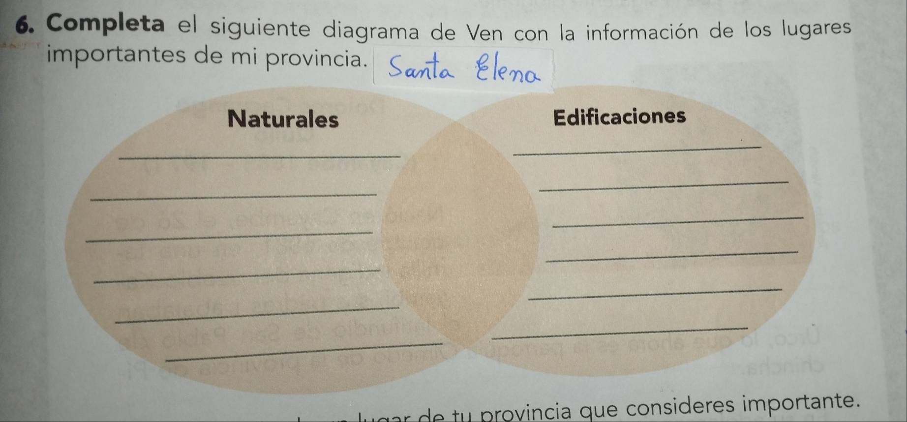 Completa el siguiente diagrama de Ven con la información de los lugares 
importantes de mi provincia. 
Naturales Edificaciones 
_ 
_ 
_ 
_ 
_ 
_ 
_ 
_ 
_ 
_ 
_ 
_ 
r u provincia que consideres importante.