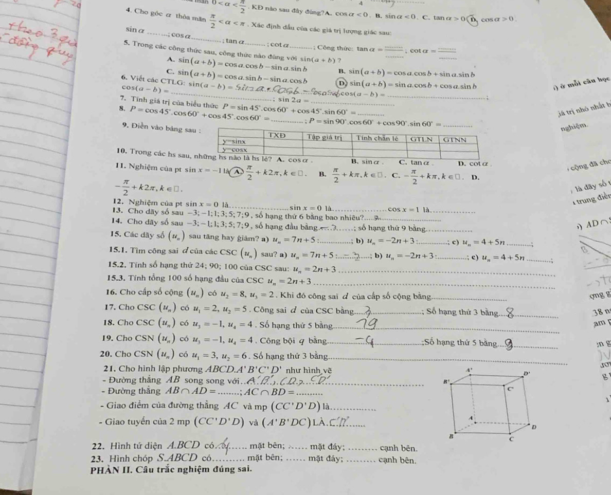 0 . KĐ nào sau đây đủng?A. cos alpha <0</tex> B. sin_ alpha <0</tex> C. tan alpha >0 CO alpha >0
4. Cho góc á thòa mãn  π /2  Xác định đầu của các giá trị lượng giác sau:
sinα
cos a
_
5. Trong các công thức sau, công thức nào đũng với sin sin (a+b)=cos a.cos b-sin a.sin b (a+b) ?
A.
_
; tanα ; cot a ; Công thức: tan alpha = _; cot alpha = _
_
C.
B. sin (a+b)=cos a.cos b+sin a.sin b
_
_
6. Viết các CTL LG:sin (a-b)= sin (a+b)=cos a.sin b-sin a.cos b D sin (a+b)=sin a.cos b+cos a.sin b
c s(a-b)=
) ở mỗi câu họ
s(a-b)= _
7. Tính giá trị của biểu thức
_
; sin 2a=
8. P=cos 45°.cos 60°+cos 45°.cos 60°= P=sin 45°.cos 60°+cos 45°.sin 60°= __
já trị nhỏ nhất b
_ P=sin 90°.cos 60°+cos 90°.sin 60°=
9. Điễn vào bảng sa
nghiệm.
10. Trong các hs sau,nα D. cotα 
11. Nghiệm của pt sin x=-11lambda A  π /2 +k2π ,k∈ □ . B.  π /2 +kπ ,k∈ □ C. - π /2 +kπ ,k∈ □ .D.
c ộng đã cho
- π /2 +k2π , .k°
là đãy số t
1 trung điễn
12. Nghiệm của pt sin x=0|? _sin x=0la cos x=1 là
_
13. Cho dãy số sau -3; -1;1;3;5; 7;9, số hạng thứ 6 bằng bao nhiêu?....?_
14. Cho dãy số sau -3; - l; l; 3; 5; 7;9, số hạng đầu bằng— 3._   số hạng thứ 9 bằng._
AD∩
15. Các dãy số (u_n) sau tăng hay giäm? a) u_n=7n+5 _.; b) u_n=-2n+3 _.; c) u_n=4+5n _
   
B
15.1. Tìm công sai đ của các csc (u_n) sau? a) u_n=7n+5 _ ; b) u_n=-2n+3 _ ; c) u_n=4+5n _
15.2. Tính số hạng thứ 24; 90; 100 của CSC sau: u_n=2n+3 _
15.3. Tính tổng 100 số hạng đầu của CSC u_n=2n+3 _
16. Cho cấp số cộng (u_n) có u_2=8,u_3=2 Khi đó công sai đ của cấp số cộng bằng _ợng  g
17. Cho CSC (u_n) có u_1=2,u_2=5 Công sai đ của CSC bằng._ ; Số hạng thứ 3 bằng._ 38 n
18. Cho CSC (u_n) có u_3=-1,u_4=4. Số hạng thứ 5 bằng_
am 
19. Cho CSN (u_n) có u_3=-1,u_4=4 Công bội q bằng_ ;Số hạng thứ 5 bằng_
n g
20. Cho CSN (u_n) có u_1=3,u_2=6. Số hạng thứ 3 bằng
_
21. Cho hình lập phương ABCD A' B'C'D' như hình vẽ 
- Đường thẳng AB song song với. A'B'.. _
g
- Đường thẳng AB∩ AD= _ AC∩ BD= _

- Giao điểm của đường thẳng AC và mp (CC'D'D) là_
- Giao tuyến của 2 mp (CC'D'D) và (A'B'DC)Ldot A. C./l _
22. Hình tứ diện A.BCD có _mặt bên; x.... mặt đáy; _cạnh bên.
23. Hình chóp S.ABCD có _mặt bên; _. mặt đây; _cạnh bên.
PHÀN II. Câu trắc nghiệm đúng sai.