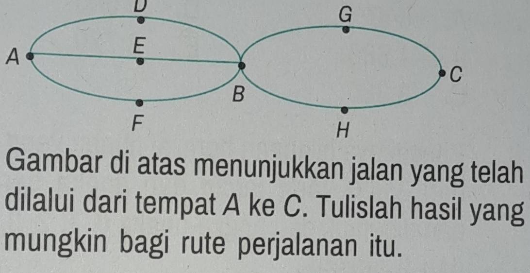 D
G
A
Gambar di atas menunjukkan jalan yang telah 
dilalui dari tempat A ke C. Tulislah hasil yang 
mungkin bagi rute perjalanan itu.