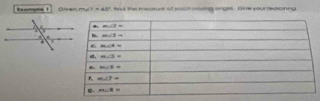 Exomple 1 Given m∠ 1=45° , find the mecsure of eauh missing lingles. Give your reasoning.